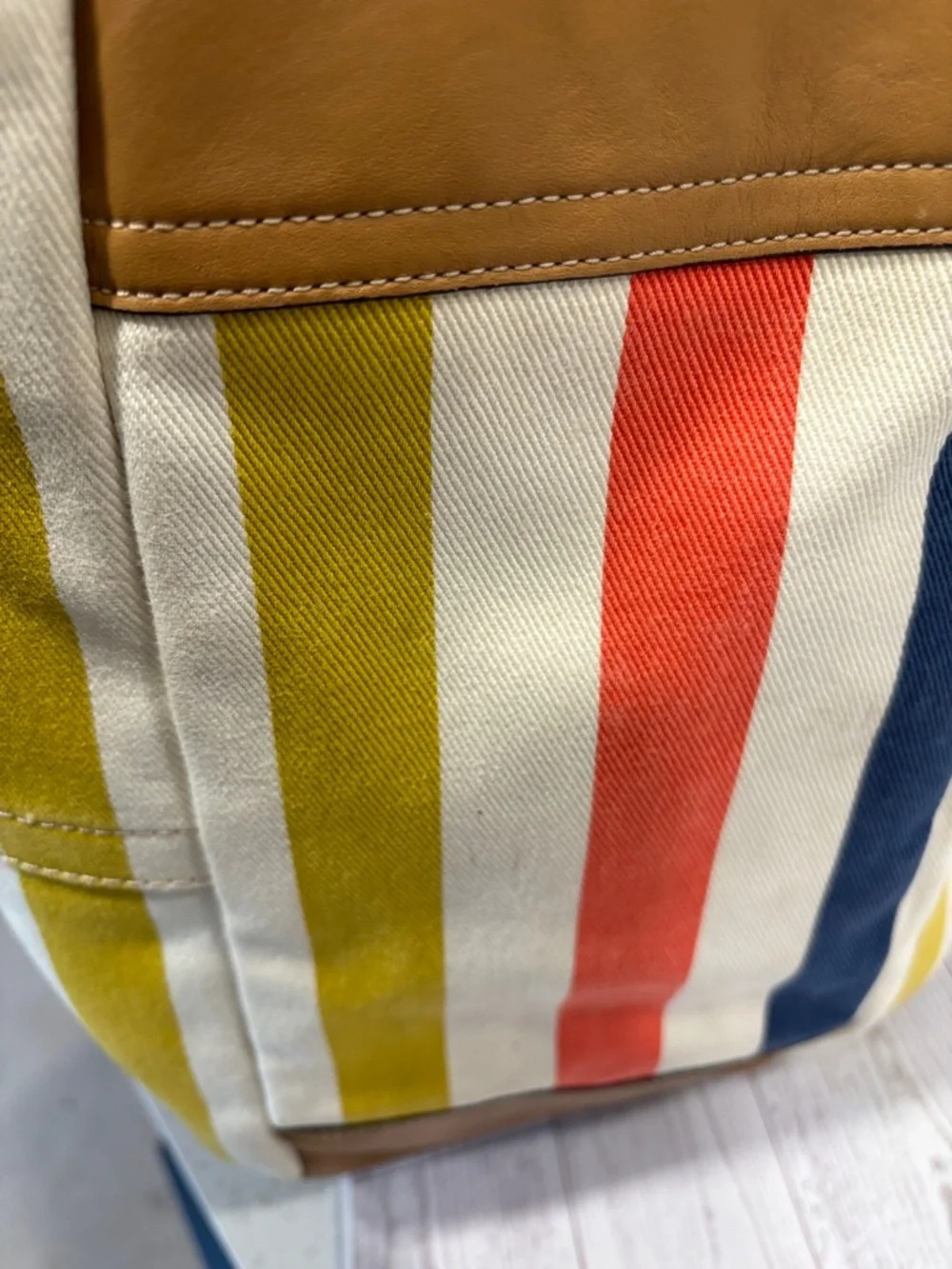 Coach Hadley Multicolor Striped Canvas Tote with Tan Trim